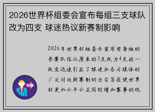 2026世界杯组委会宣布每组三支球队改为四支 球迷热议新赛制影响 2026世界杯组委会宣布每组三支球队改为四支 球迷热议新赛制影响