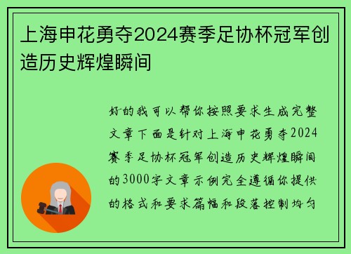 上海申花勇夺2024赛季足协杯冠军创造历史辉煌瞬间